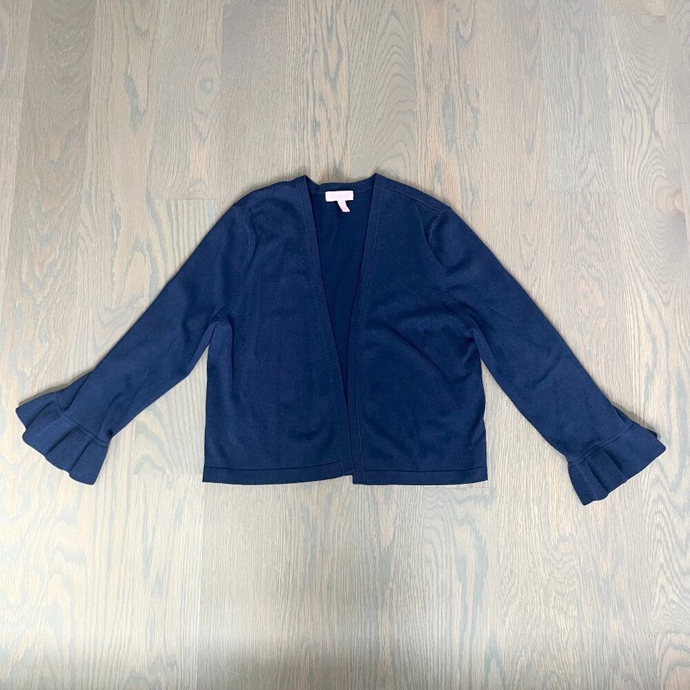 Lilly Pulitzer Navy Open-Front Cardigan with Ruffle Cuffs – Size Small